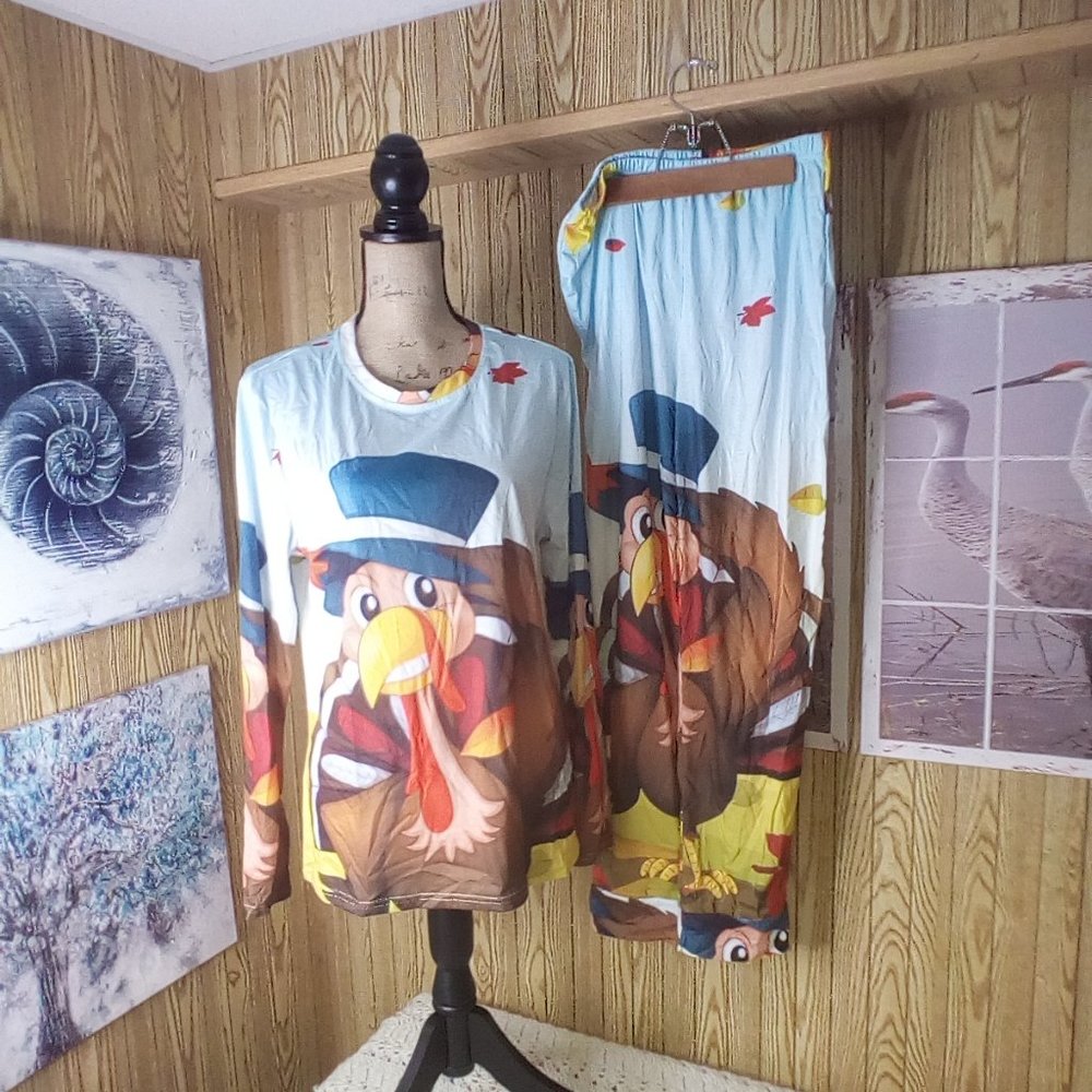 Turkey Print Pajama Set - Blue and Brown